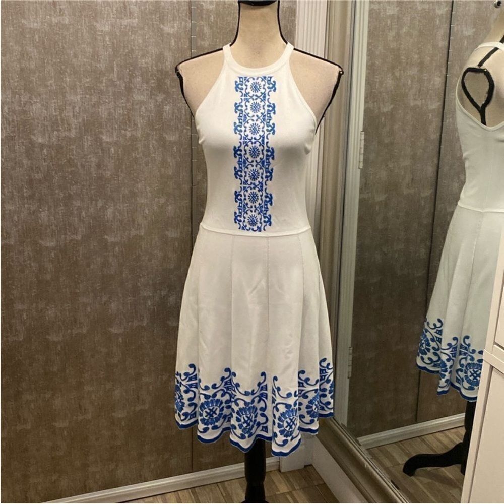 Parker White and Blue Patterned Midi Dress, S
